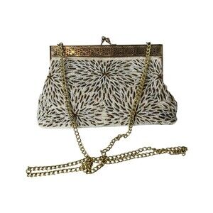Ed B. Robinson Vintage White & Gold Beaded Evening Hinged Clutch w Chain Strap